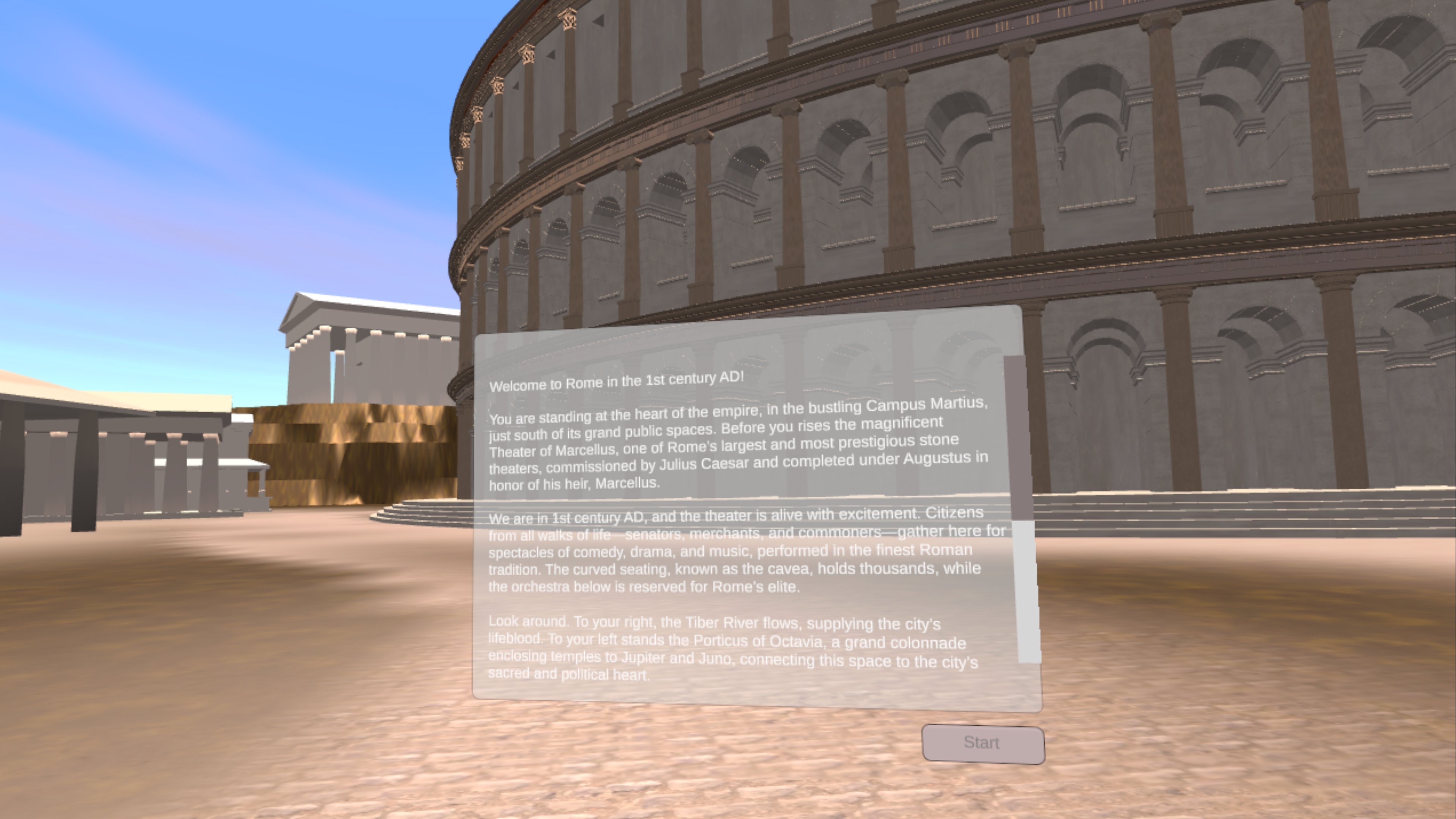 Theater of Marcellus arrival scene with historical orientation interface